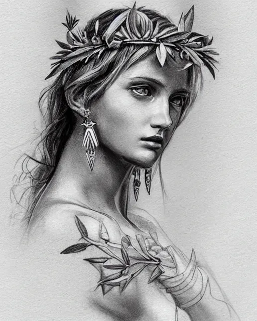 Image similar to realism tattoo sketch of a beautiful greek goddess aphrodite wearing a laurel wreath and arrowhead earrings, in the style of greg rutkowski, amazing detail