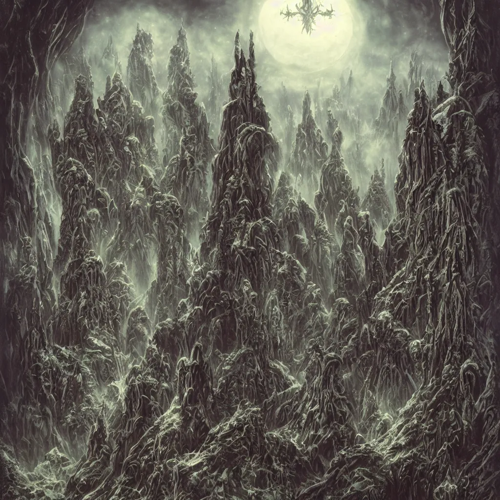 Image similar to dark alien castles, grotesque symmetrical towers and demonic altars in the evil winter mountains, upward cinematic angle, by rodney matthews, michael kaluta, and john byrne, fantasy art, intense atmosphere, striking composition, alien faces, monster statues, intricate, strange, ornate, digital art, hyperdetailed, colorful hyperrealism, photorealism, 8k