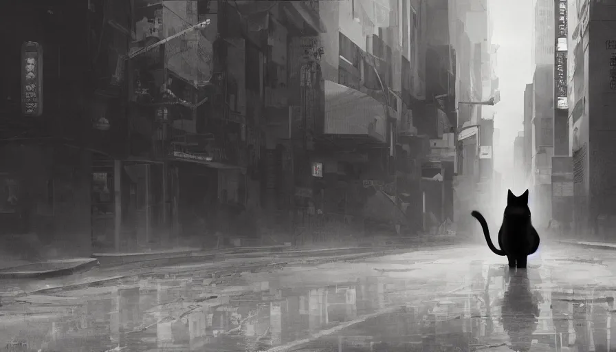 Image similar to black cat walking in dusty empty tokyo streets, heat wave, dirty ground, hyperdetailed, artstation, cgsociety, 8 k