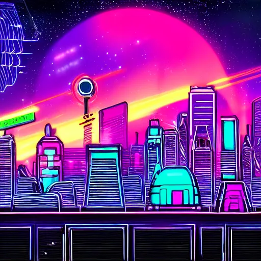 Image similar to synthwave neon city in space