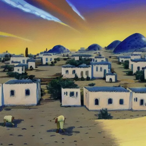 Prompt: a beautiful painting of a village in the desert, white houses, two suns, cowboy bebop