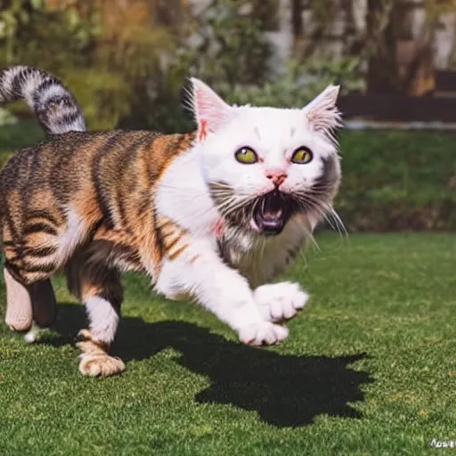 Image similar to a giant cat chasing after a little dog, little dog running away fast from the scary cat