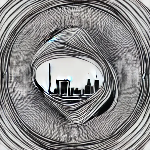 Image similar to a perfect circle, the outer edge of the circle is hugged by the silhouette of a city skyline, black and white, minimalist, in the style of a line drawing