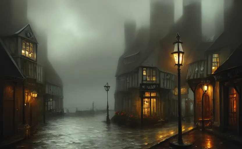 Image similar to rainy old england town, dramatic mood, cozy environment, inspired by legends of runeterra, trending on artstation, concpet art