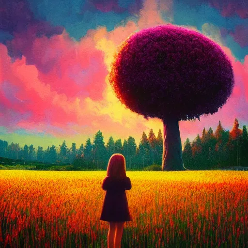 Prompt: gigantic flower face, girl standing in flower field, surreal photography, big trees, sunrise dramatic light, impressionist painting, colorful clouds, digital painting, pointillism, artstation, simon stalenhag