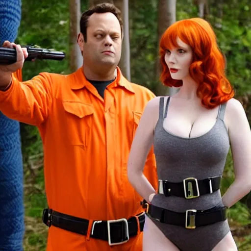 Image similar to vince vaughn as jack fenton, he is wearing an orange coveralls bodysuit with a black neck and a big gun belt, and christina hendricks as maddie fenton, she is wearing a tight teal coveralls bodysuit with a black neck and a big gun belt, movie photo, spooky netflix still shot, they are looking for ghosts