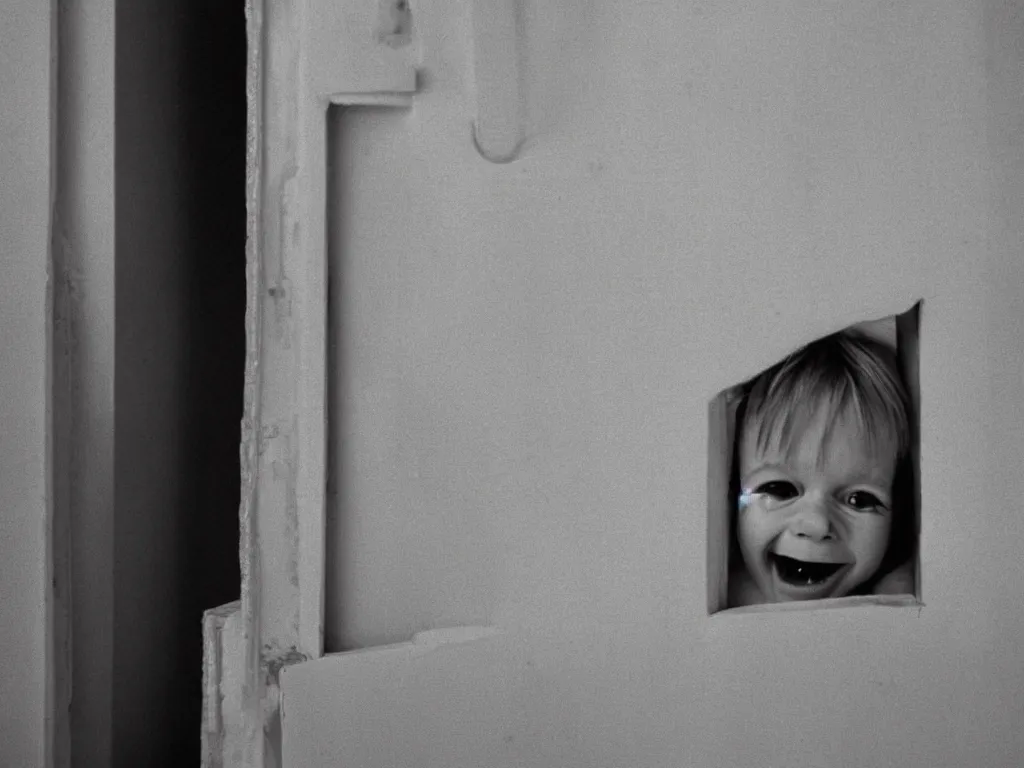 Image similar to little kid trying to see through a vertical crack on a white wooden door and grinning maniacally, a film still from the 1980 movie the shining, 4k, grainy, portrait, highly detailed, close-up, ARRIFLEX 35 BL