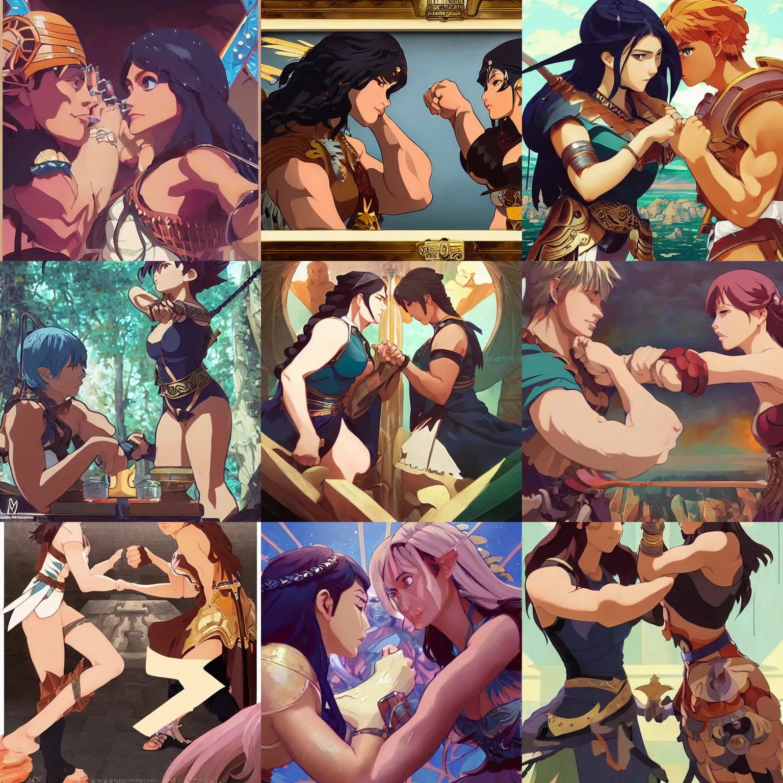 Prompt: An arm wrestling match between an Amazon and a Valkyrie, fantasy, beautiful face, highly detailed, cel shading, digital illustration, anime key visual, by Makoto Shinkai and Hayao Miyazaki, by Ilya Kuvshinov and Alphonse Mucha and Krenz Cushart