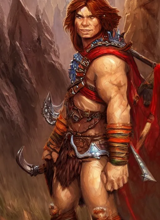 Image similar to short barbarian, ultra detailed fantasy, dndbeyond, bright, colourful, realistic, dnd character portrait, full body, pathfinder, pinterest, art by ralph horsley, dnd, rpg, lotr game design fanart by concept art, behance hd, artstation, deviantart, hdr render in unreal engine 5