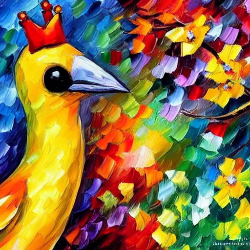 Image similar to an elegant yellow bird wearing a crown and a red bow tie in the style of leonid afremov, very very beautiful, impressionism, high quality, detailed, 4k