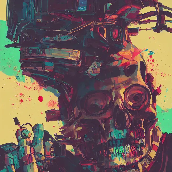 Image similar to a colorful comic noir illustration painting of a cyberpunk skull by sachin teng and sergey kolesov and sam yang and simon stalenhag. in style of graffiti art. hyper detailed, sharp focus, soft light. octane render. ray tracing. trending on artstation