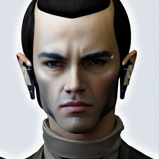 Prompt: Highly detailed concept art of male sci-fi character portrait in his 30's, features between French, Turkish and Russian with short black hair on the sides and a fringe dressed in a beige and black jumpsuit, 4K Trending at Artstation HQ