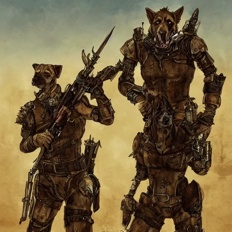 Image similar to a good ol'hound dog fursona ( from the furry fandom ), heavily armed and armored facing down armageddon in a dark and gritty version from the makers of mad max : fury road. witness me.