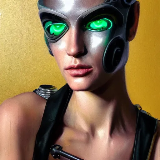 Image similar to hyperrealism oil painting portrait of cyberpunk cyborg fashion model with glowing eyes