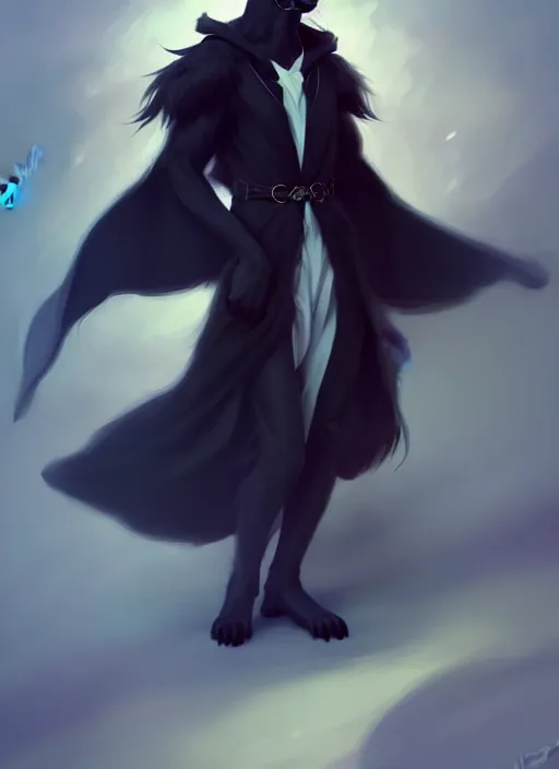Image similar to wide angle beautiful full body portrait of a cute male anthropomorphic anthro border collie fursona wearing black robes, character design by charlie bowater, henry asencio, and ross tran, furry art, furaffinity, beautiful, glamor pose, detailed, aesthetic, trending on artstation