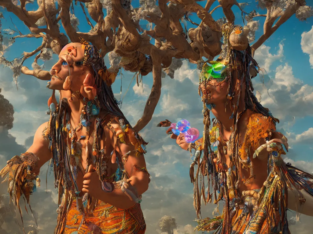 Image similar to 3 d render of a shaman, sunlight study, the universe is a spheroid region 7 0 5 meters in diameter, art nouveau, by jan davidz de heem and ( ( ( ( ( lisa frank ) ) ) ) ), 8 k, sharp focus, octane render