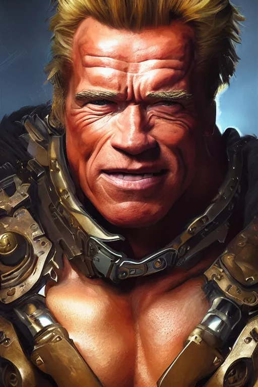 Image similar to portrait of arnold schwarzenegger as junkrat from overwatch, full body, fantasy, intricate, elegant, highly detailed, digital painting, artstation, concept art, sharp focus, illustration, art by artgerm and greg rutkowski and alphonse mucha