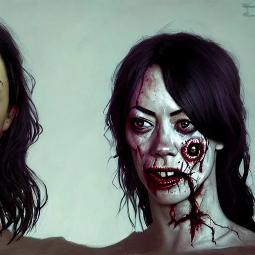 Image similar to color head portrait of aubrey plaza and lena headey grinning as a zombie, 7 days to die zombie, gritty background, fine art, award winning, intricate, elegant, sharp focus, cinematic lighting, digital painting, 8 k concept art, art by michael hussar, art by brom, art by guweiz and z. w. gu, 8 k