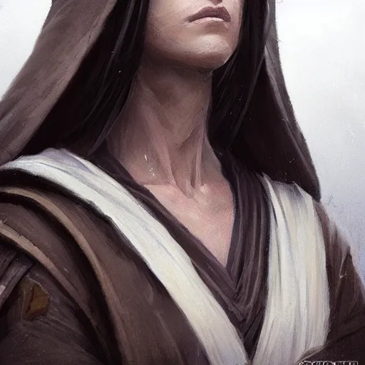 Image similar to portrait of a woman by greg rutkowski, jedi knight allana solo, straight brown hair, jedi robes, star wars expanded universe, she is about 2 0 years old, wearing jedi robes, highly detailed portrait, digital painting, artstation, concept art, smooth, sharp foccus ilustration, artstation hq