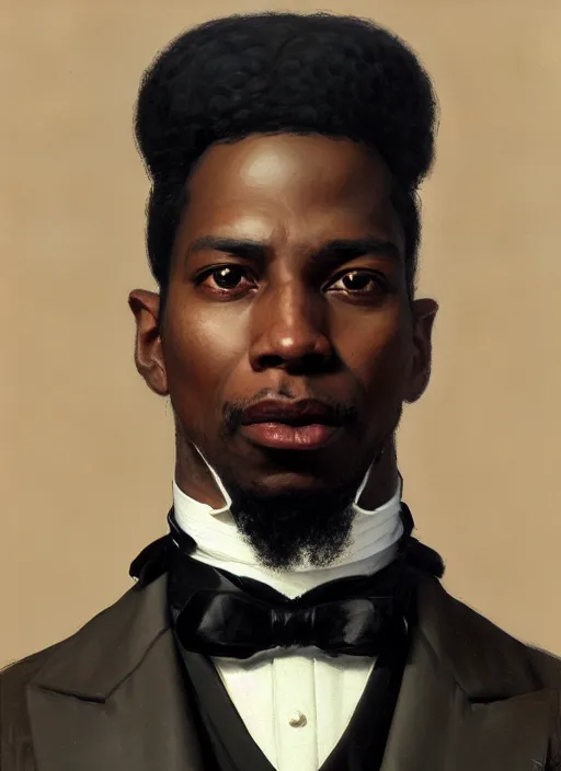 Image similar to 3 / 4 view of a portrait of a black man in victorian clothing, confident pose, intricate, elegant, sharp focus, illustration, highly detailed, concept art, matte, trending on artstation, anime, art by james jean and artgerm and brian despain and alberto mielgo, greg rutkowski, wlop, ilya kuvshinov, strong strokes