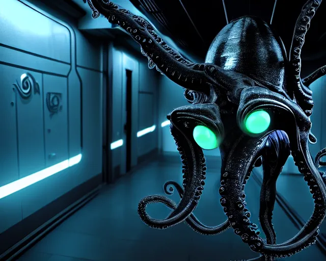 Prompt: 2 8 mm closeup portrait of a wet slimy dripping black metallic chrome mass effect robotic lovecraft octopus xenomorph alien with glowing eyes in science fiction spaceship hallway, dramatic lighting, octane, blue lights, lens flare, industrial, dirty, trending on artstation, golden ratio, h. r. giger, mist, action, volumetric lighting