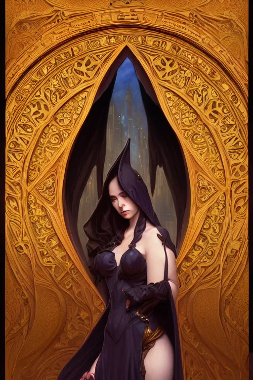 Image similar to painting of a shy hooded noon succubus in front of a dimensional portal, decorated, intricate, elegant, highly detailed, digital painting, artstation, concept art, smooth, sharp focus, illustration, art by artgerm and greg rutkowski and alphonse mucha, 8 k