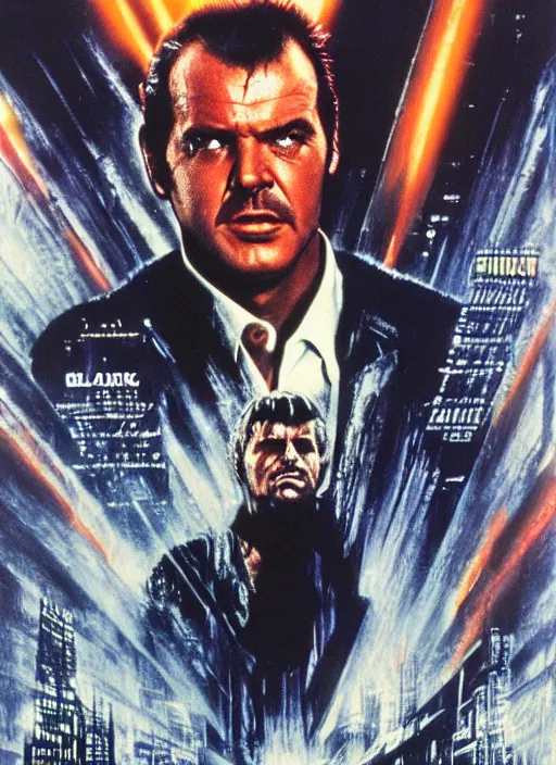 Prompt: 32 year old Jack Nicholson, instead of Harrison Ford, on the original movie poster of blade runner, 1982, movie poster, highly detailed, high quality,