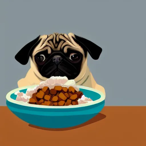 Prompt: a pug sitting in a bowl of yogurt, covered in yogurt, trending on artstation, high resolution photo,