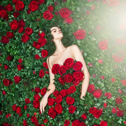 Image similar to full body image of a beautiful woman covered in ivy and red roses, ornate gown standing in a bed of roses, rim light, dynamic lighting, etherial lighting, ultra - detail, concept art, elegant