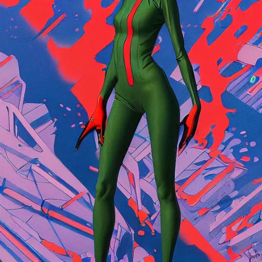 Image similar to thin girl with boyish body shape in catsuit. illustration by james jean and satoshi kon and erik jones, inspired by evangelion, smooth feature, intricate oil painting, high detail illustration, sharp high detail