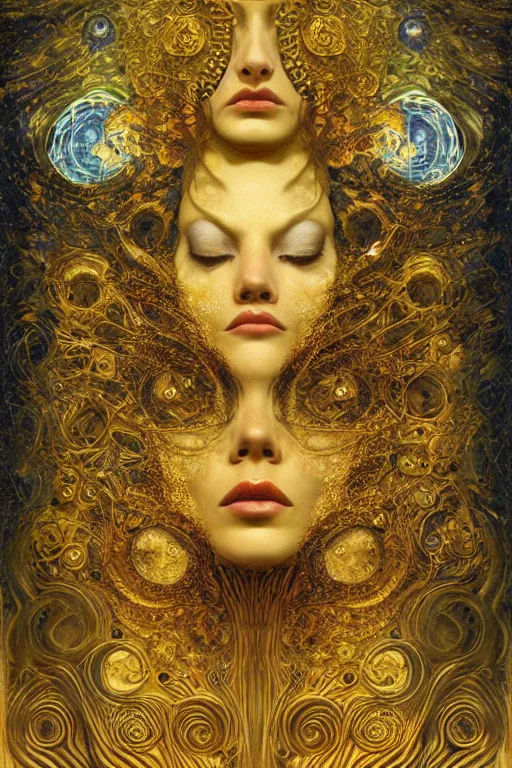 Image similar to Machinery of Fate by Karol Bak, Jean Deville, Gustav Klimt, and Vincent Van Gogh, enigma, otherworldly, fractal structures, prophecy, arcane, ornate gilded medieval icon, third eye, spirals