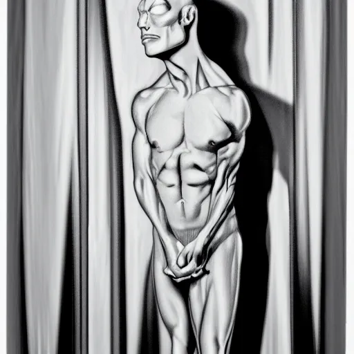 Image similar to full body portrait of the silver surfer, in style of robert mapplethorpe, 3 5 mm,