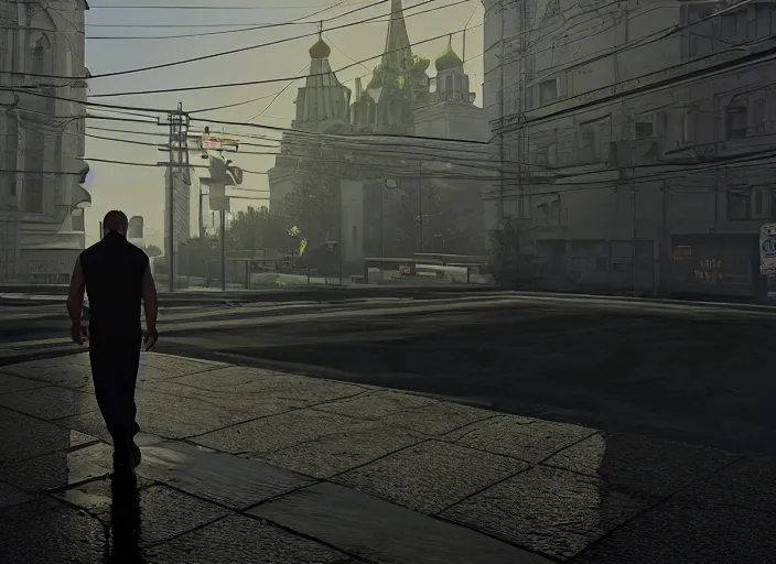 Image similar to cinematic photo gta 5, rain, man in adidas tracksuit, churches, buildings, road, moskvich, rtx, volumetric light, 3 d artist, art by crewdson gregory and artgerm and reflections, moscow, soviet apartment buildings, award winning, artstation, intricate details, realistic, hyperdetailed, 8 k resolution