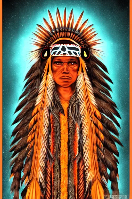Image similar to a native american with orange glowing eyes, made out of corn, highly detailed, digital art, sharp focus, trending on art station, american indian headdress, anime art style