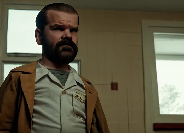 Image similar to film still of jim hopper as dustin henderson in stranger things, 8 k