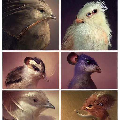 Image similar to portrait character design, a cute feathered mouse, feathers plumage, plumed by brian froud, portrait studio lighting by jessica rossier and brian froud and gaston bussiere