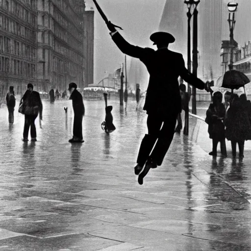 Prompt: the man leaping with umbrella, by henri cartier bresson,