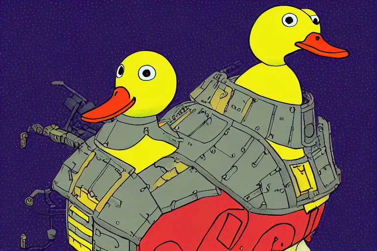 Image similar to illustration of a heavily armoured mechanical duck by studio ghibli, ominous, vivid colors, colorful