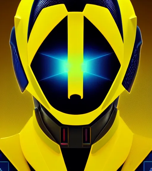 Image similar to symmetry!! yellow ranger, thunderbolt - shaped viser!!, thunderbolt shaped helmet!!, hard edges, product render retro - futuristic poster scifi, lasers and neon circuits, yellow ranger, intricate, elegant, highly detailed, digital painting, artstation, concept art, smooth, sharp focus, illustration, dreamlike, art by artgerm