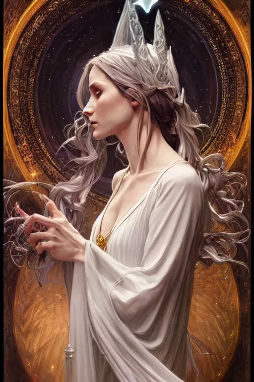 Image similar to white witch crafting magic spells, side view, crafting spells, bright witch, fantasy, chaos, magic, dark magic, dramatic lighting, intricate, wild, highly detailed, digital painting, artstation, concept art, smooth, sharp focus, illustration, art by artgerm and greg rutkowski and alphonse mucha