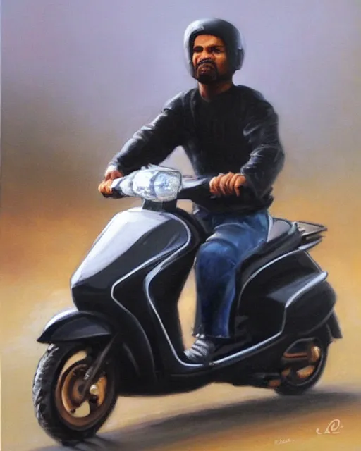 Prompt: kayne riding moped, aged oil painting by le pho