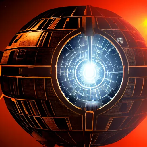 Image similar to high - quality photo of steampunk style death star, firing lasers.