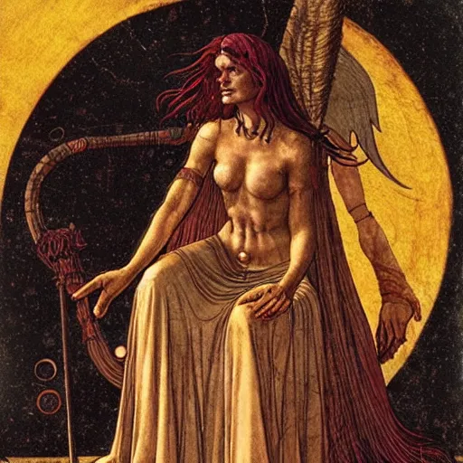 Image similar to half - length portrait of beautiful witch circe in the odyssey, art by moebius, giotto, leonardo da vinci
