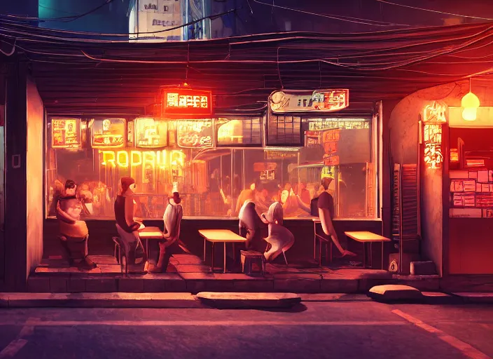 Image similar to through a window, a small cozy ramen restaurant in a busy thriving cyberpunk street at night, trending on cgsociety, unreal engine, 4 k wallpaper