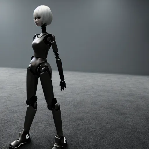 Image similar to 2B ultra realistic, 4k standing beside defeated robot