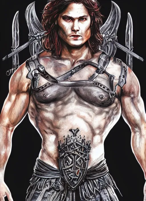 Prompt: front portrait of attractive Sam Winchester as a muscular warrior holding swords ⚔️ demon wings wide open, teared apart T-Shirt whole body tattooed with runes and satanic symbols, D&D!, fantasy style, sharp focus!, ultra detailed, art by Artgerm and Peter Andrew Jones, WLUP