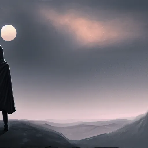 Image similar to hooded figure standing at the edge of reality gazing into the unknown, sunset on distant planet, detailed digital painting, smooth, sharp focus, artstation, artgerm, 4 k ultra hd, fantasy dark art