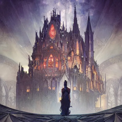 Prompt: building concept, symmetrical, big dark castle with glass. detailed, high quality, scnenematic, dynamic dark lightning, fantasy, scenematic. artwork by artgerm, wlop, alex ross, greg rutknowski, alphonse mucha