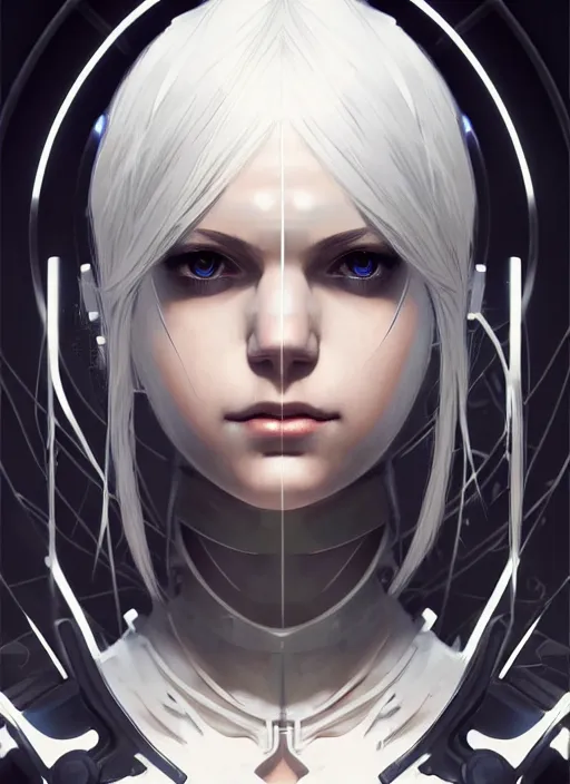 Image similar to symmetry portrait of a 2 from nier automata, sci - fi, tech wear, glowing lights intricate, elegant, highly detailed, digital painting, artstation, concept art, smooth, sharp focus, illustration, art by artgerm and greg rutkowski and alphonse mucha