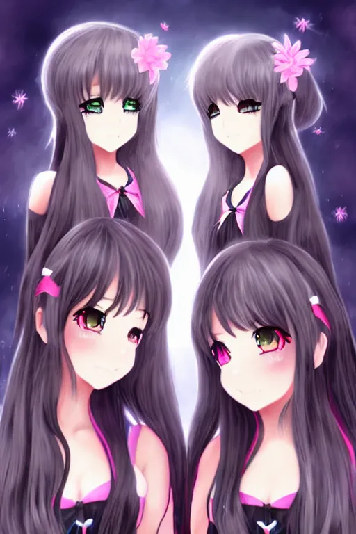 Image similar to two beautiful female idols with twintails facing each other, dark background, detailed anime art